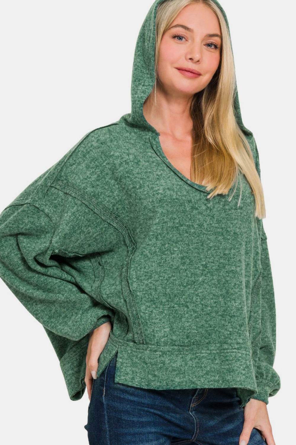 Zenana Brushed Hacci Exposed Seam Hoodie - Delanoir
