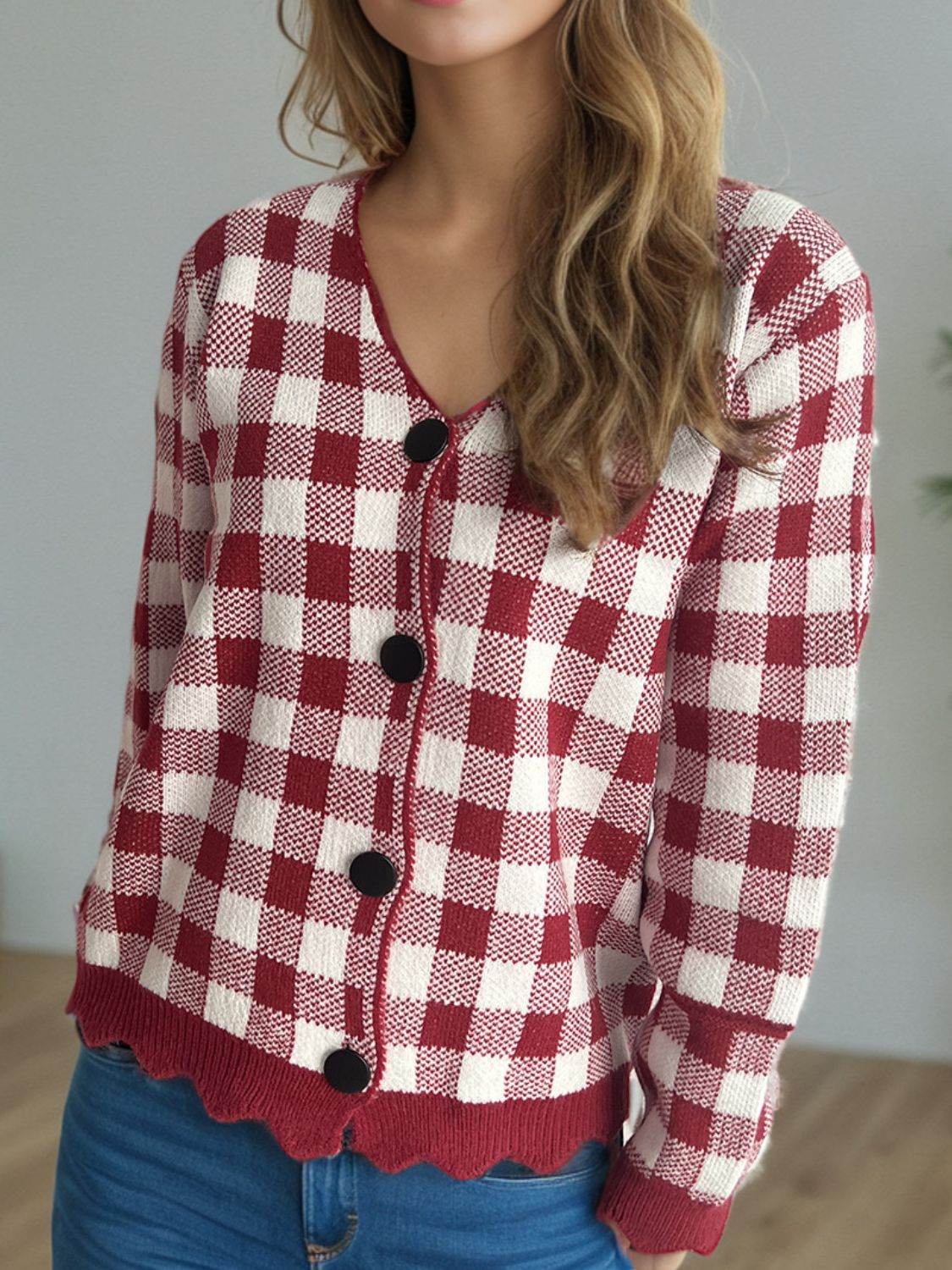 Plaid V-Neck Button Up Cardigan - Delanoir