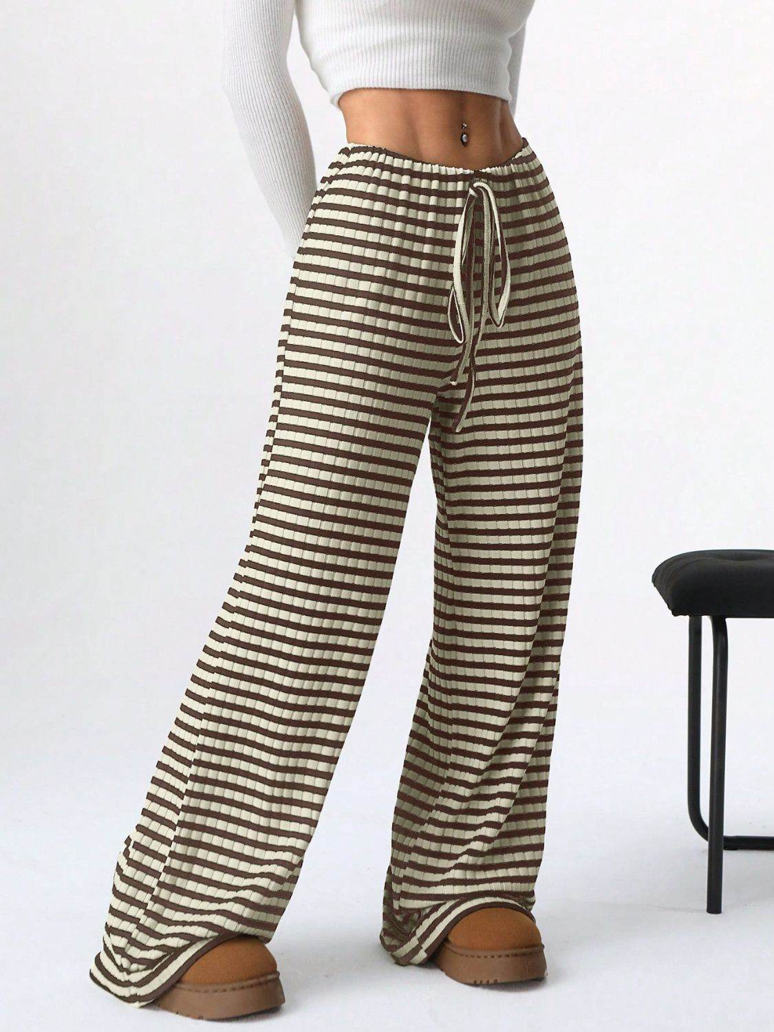Tied Striped Wide Leg Pants - Delanoir