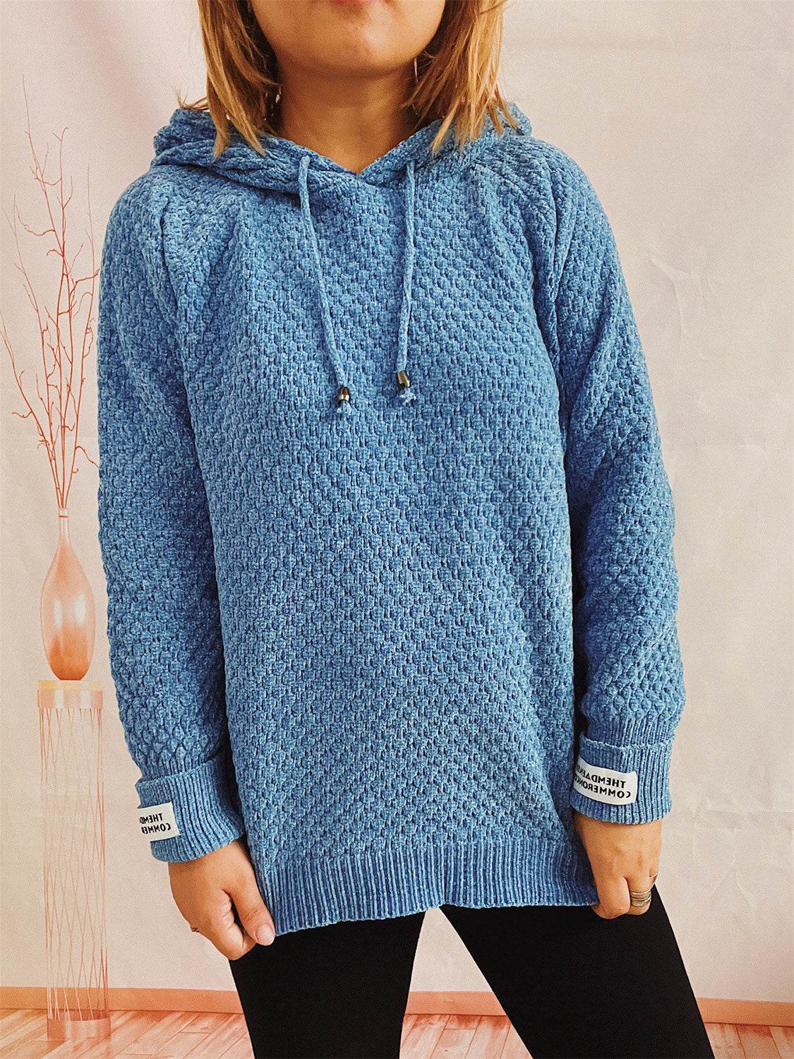 Drawstring Long Sleeve Hooded Sweater - Delanoir