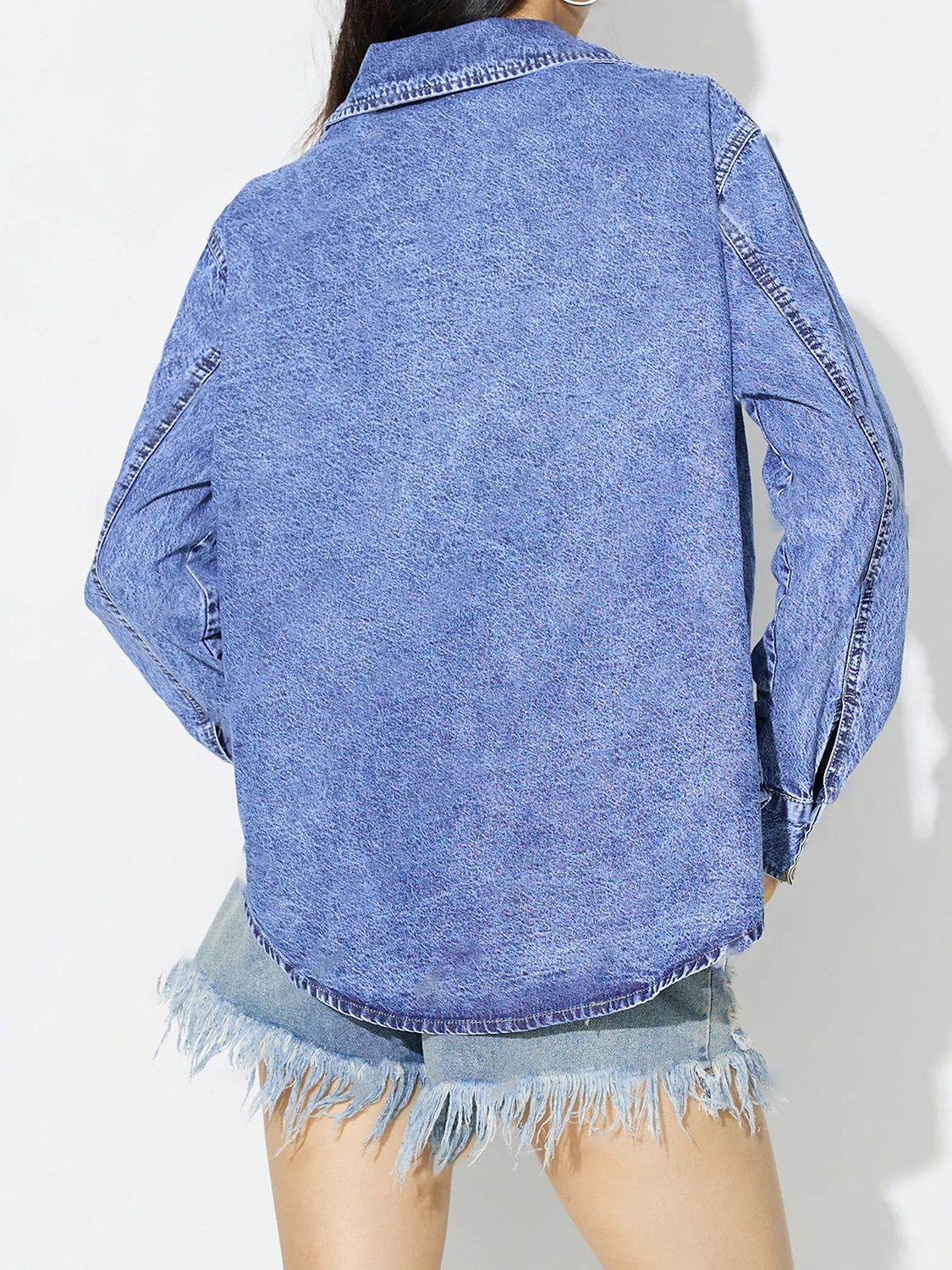 Curved Hem Collared Neck Denim Top - Delanoir