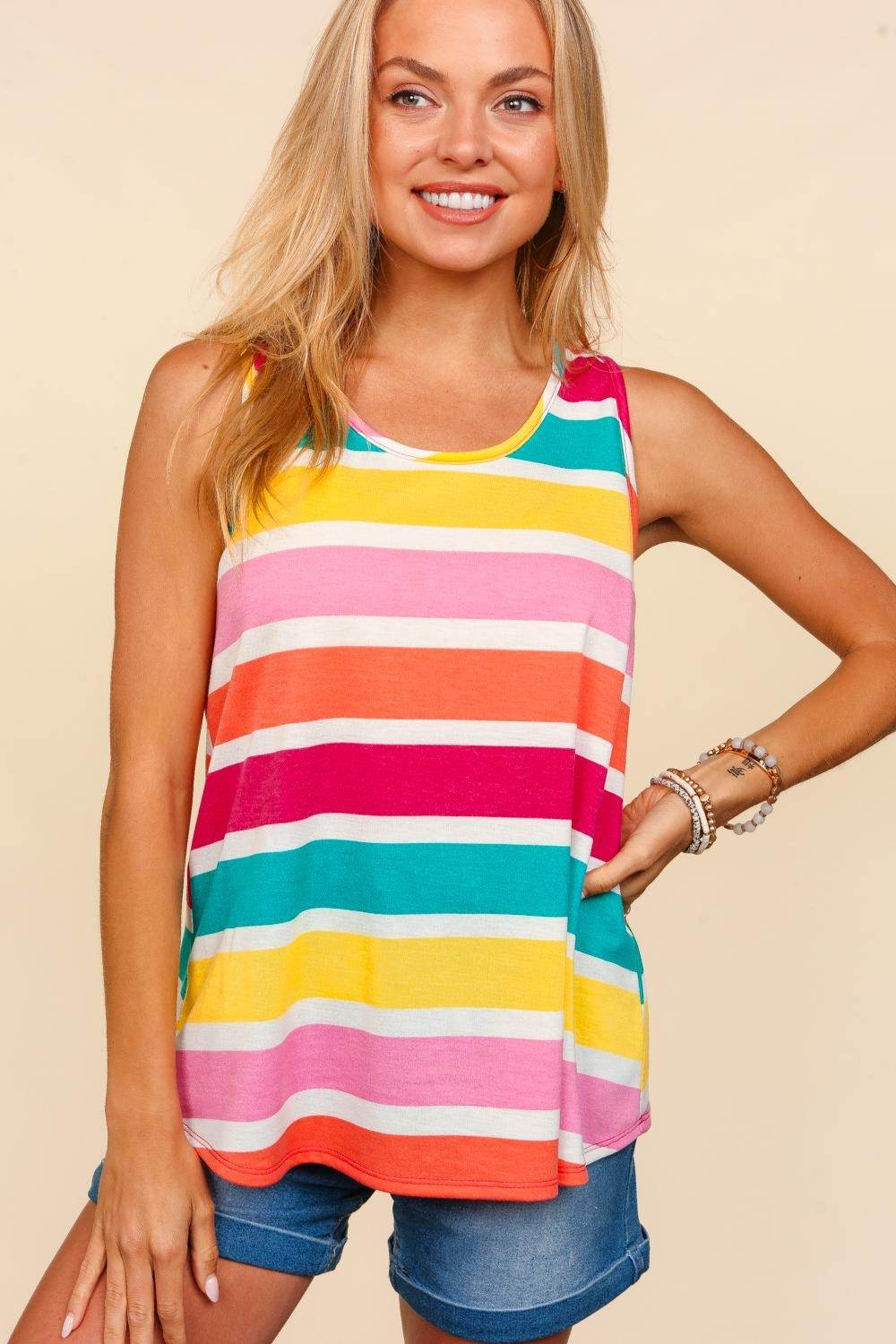 Haptics Round Neck Striped Knit Tank - Delanoir