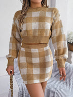 Plaid Round Neck Top and Skirt Sweater Set - Delanoir