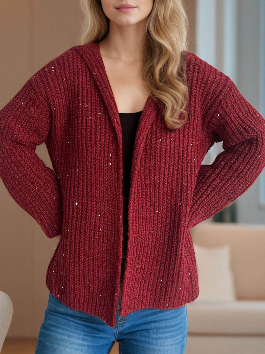 Sequin Detail Long Sleeve Hooded Cardigan - Delanoir