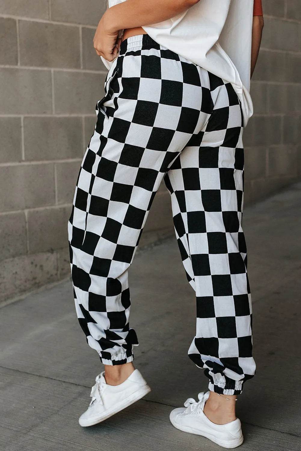 Checkered Elastic Waist Joggers - Delanoir