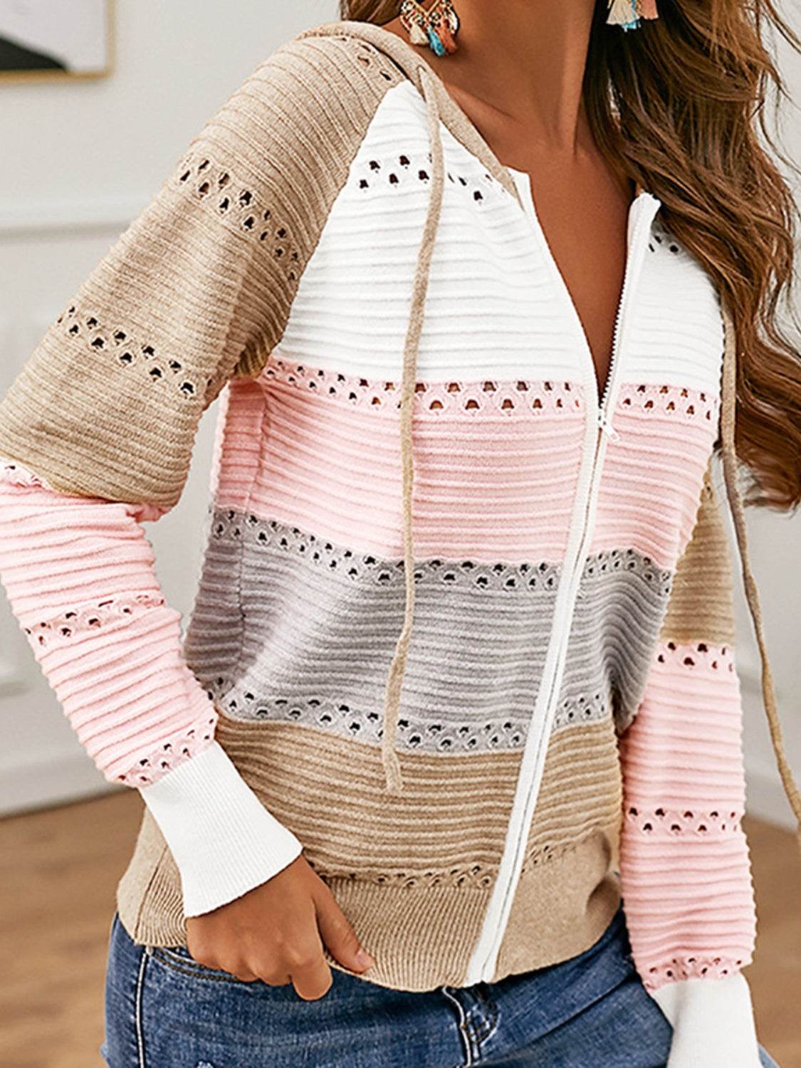 Color Block Drawstring Hooded Sweater - Delanoir