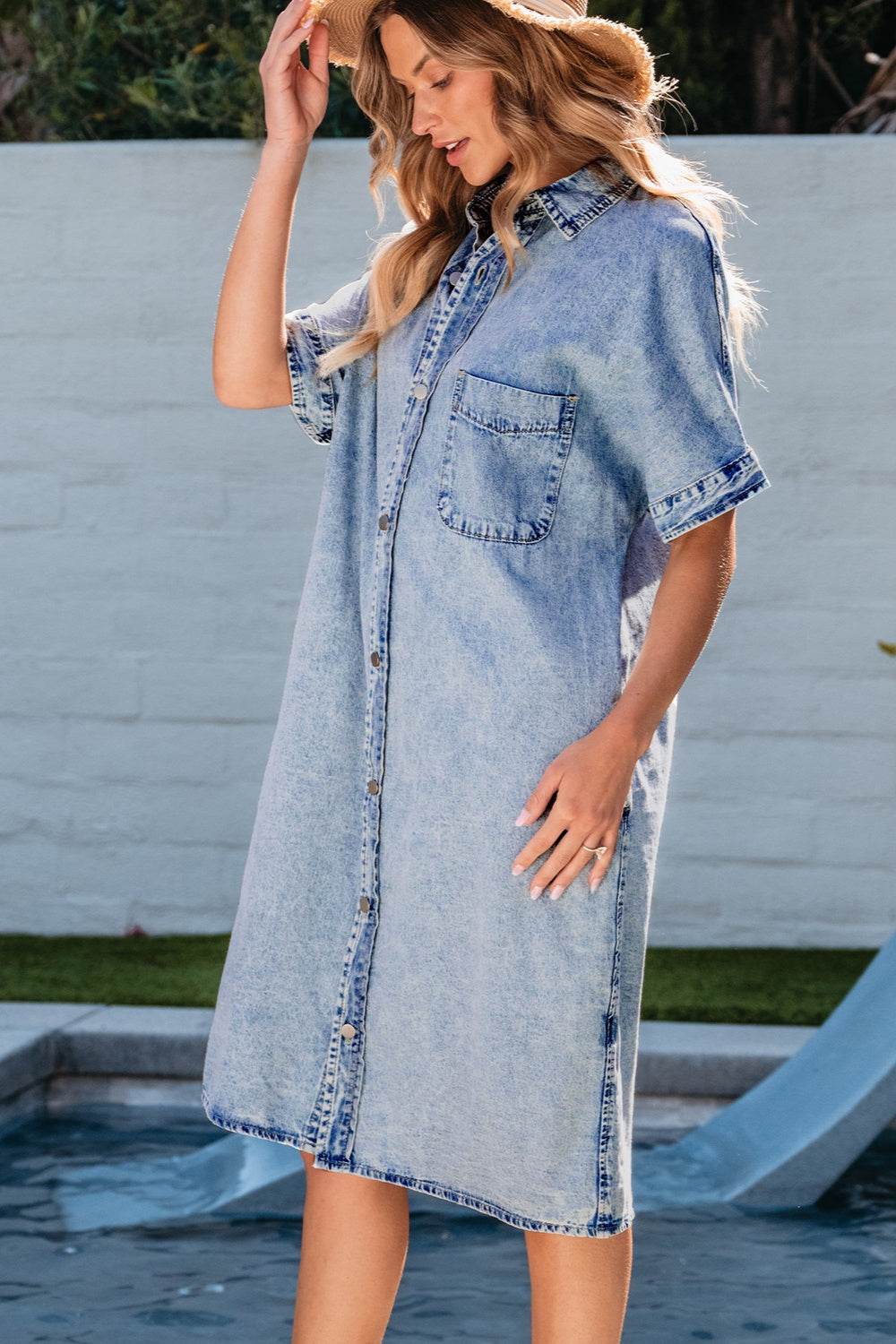 Pocketed Button Up Half Sleeve Denim Dress - Delanoir