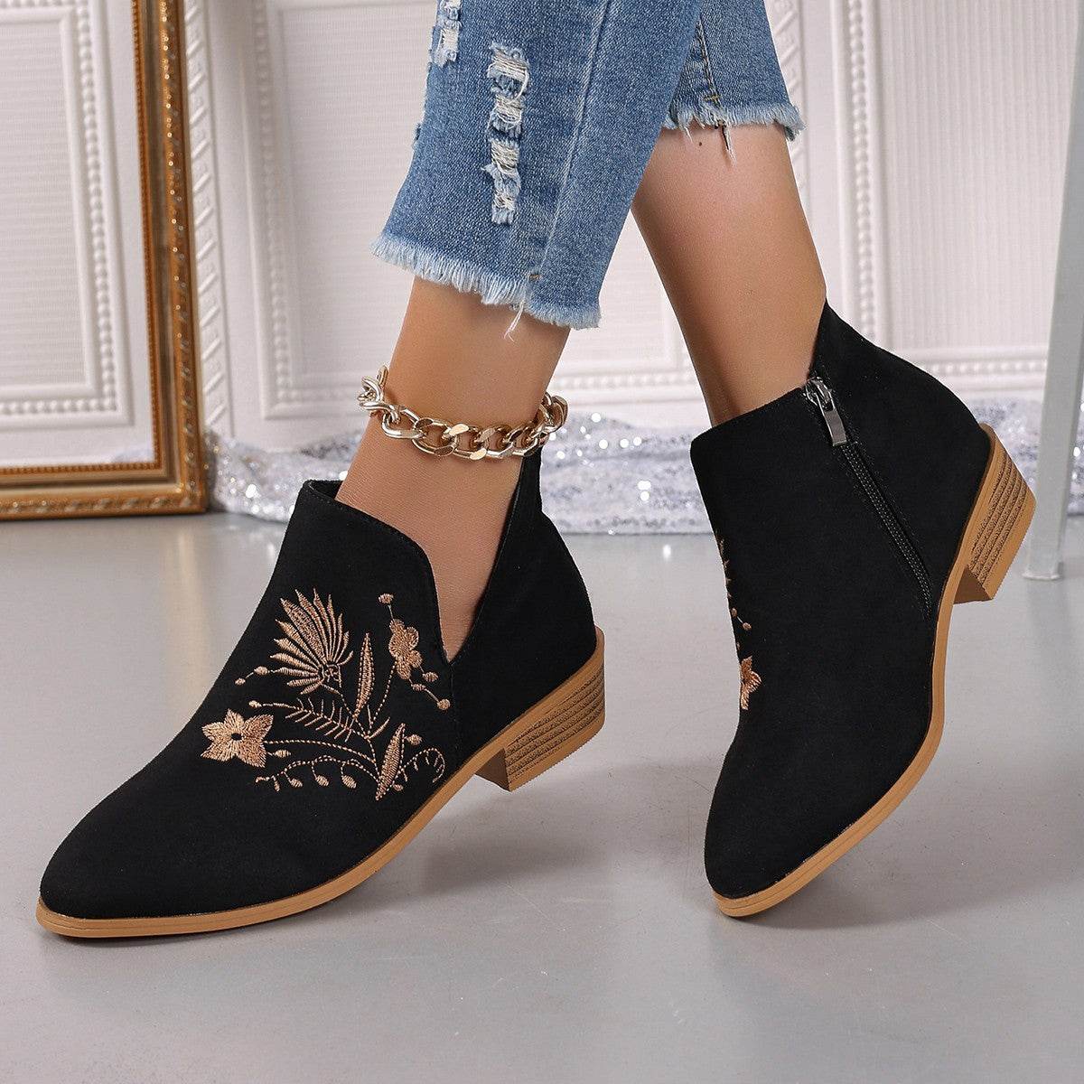 Embroidered Suede Point Toe Block Heel Boots - Delanoir