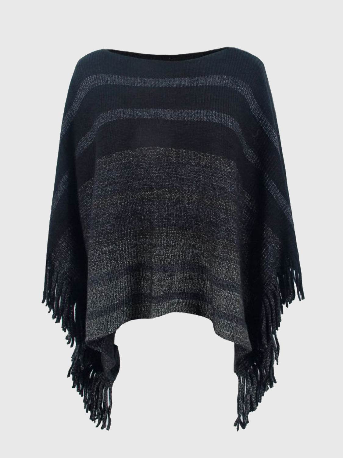 Striped Boat Neck Poncho with Fringes - Delanoir