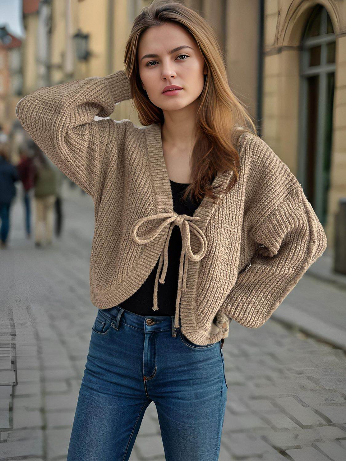 Tied Dropped Shoulder Long Sleeve Cardigan - Delanoir