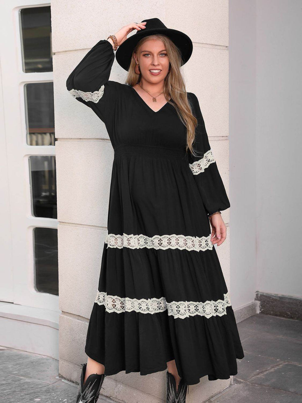 Plus Size Lace Detail V-Neck Long Sleeve Midi Dress - Delanoir