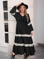 Plus Size Lace Detail V-Neck Long Sleeve Midi Dress - Delanoir