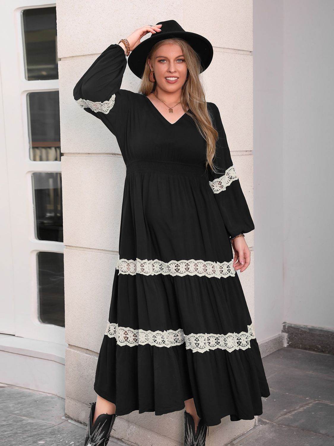 Plus Size Lace Detail V-Neck Long Sleeve Midi Dress - Delanoir