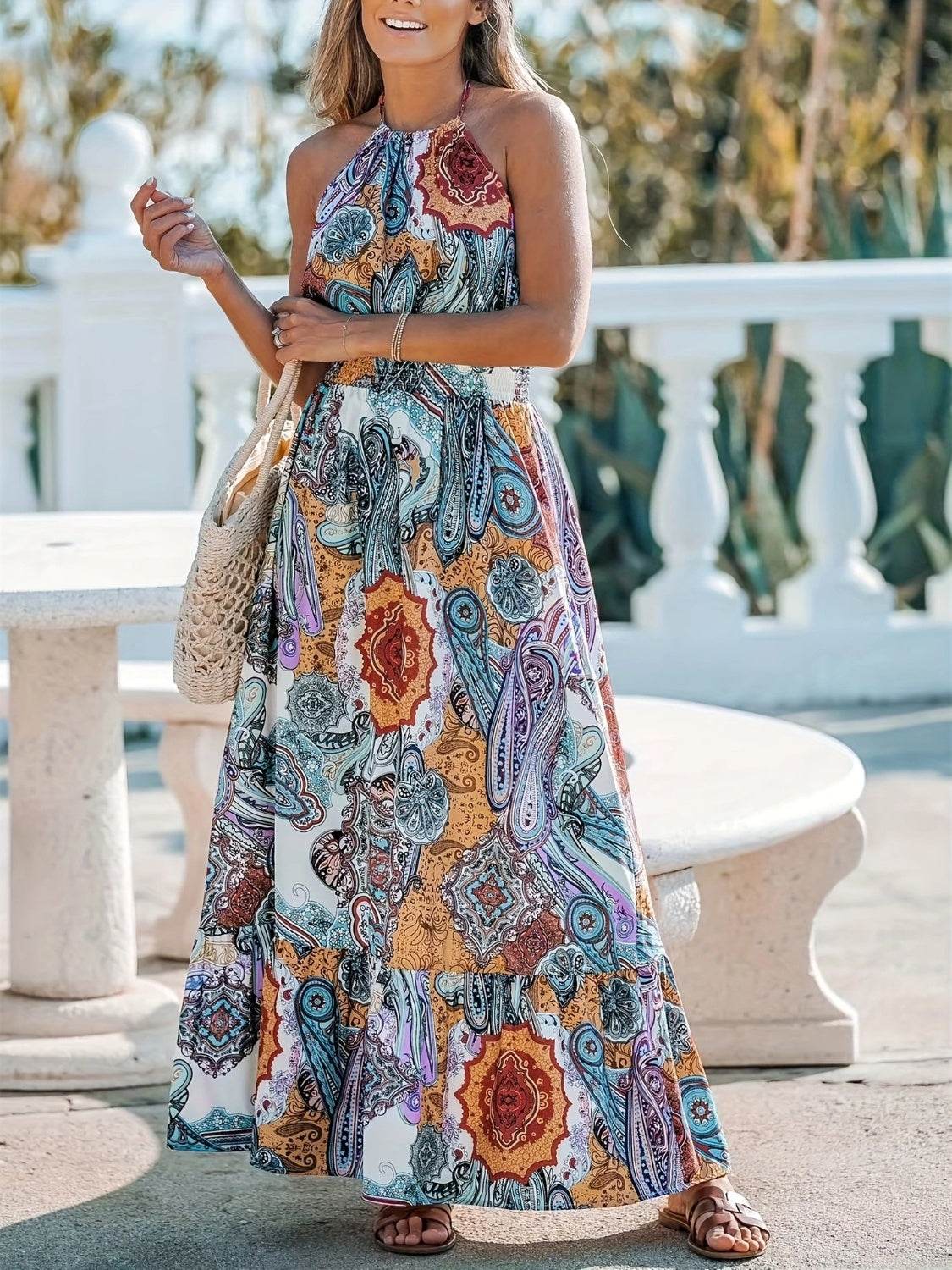 Printed Halter Neck Maxi Dress - Delanoir