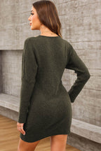 V-Neck Long Sleeve Mini Sweater Dress - Delanoir