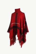 Plaid Turtleneck Raw Hem Poncho - Delanoir