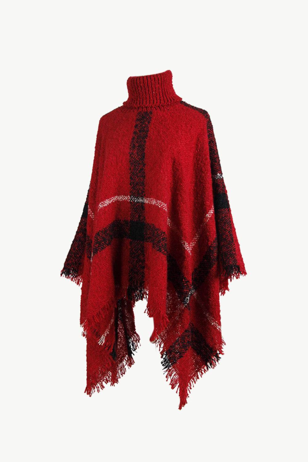 Plaid Turtleneck Raw Hem Poncho - Delanoir
