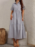 Striped Collared Neck Short Sleeve Dress - Delanoir