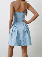 Ruched Zip Up Spaghetti Strap Denim Dress - Delanoir