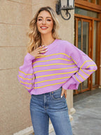 Round Neck Striped Lantern Sleeve Sweater - Delanoir