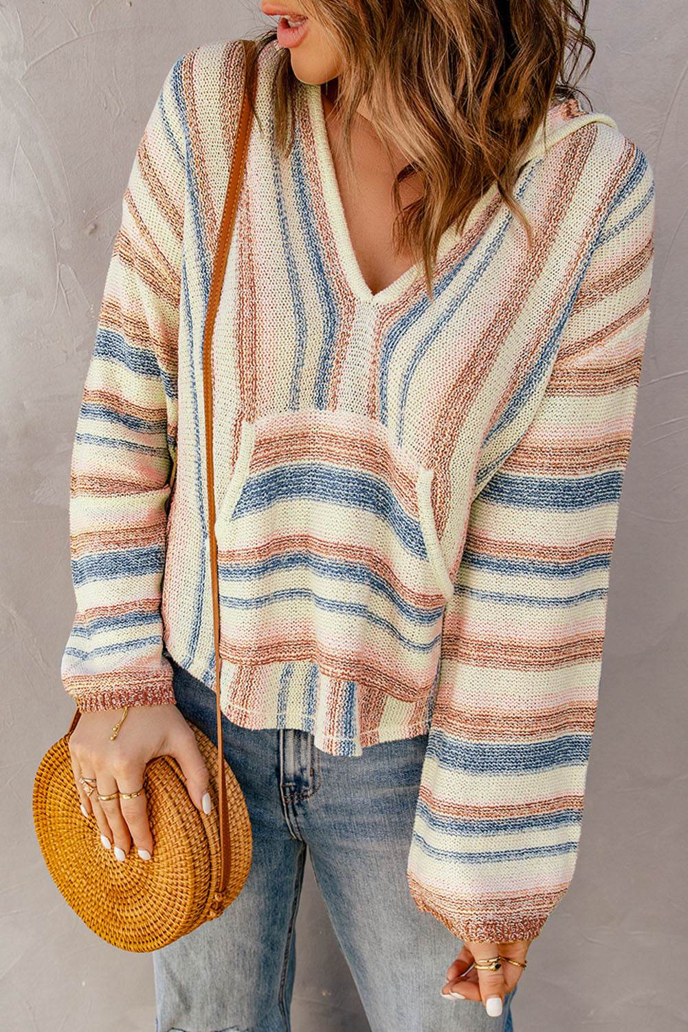 Striped Hooded Sweater with Kangaroo Pocket - Delanoir