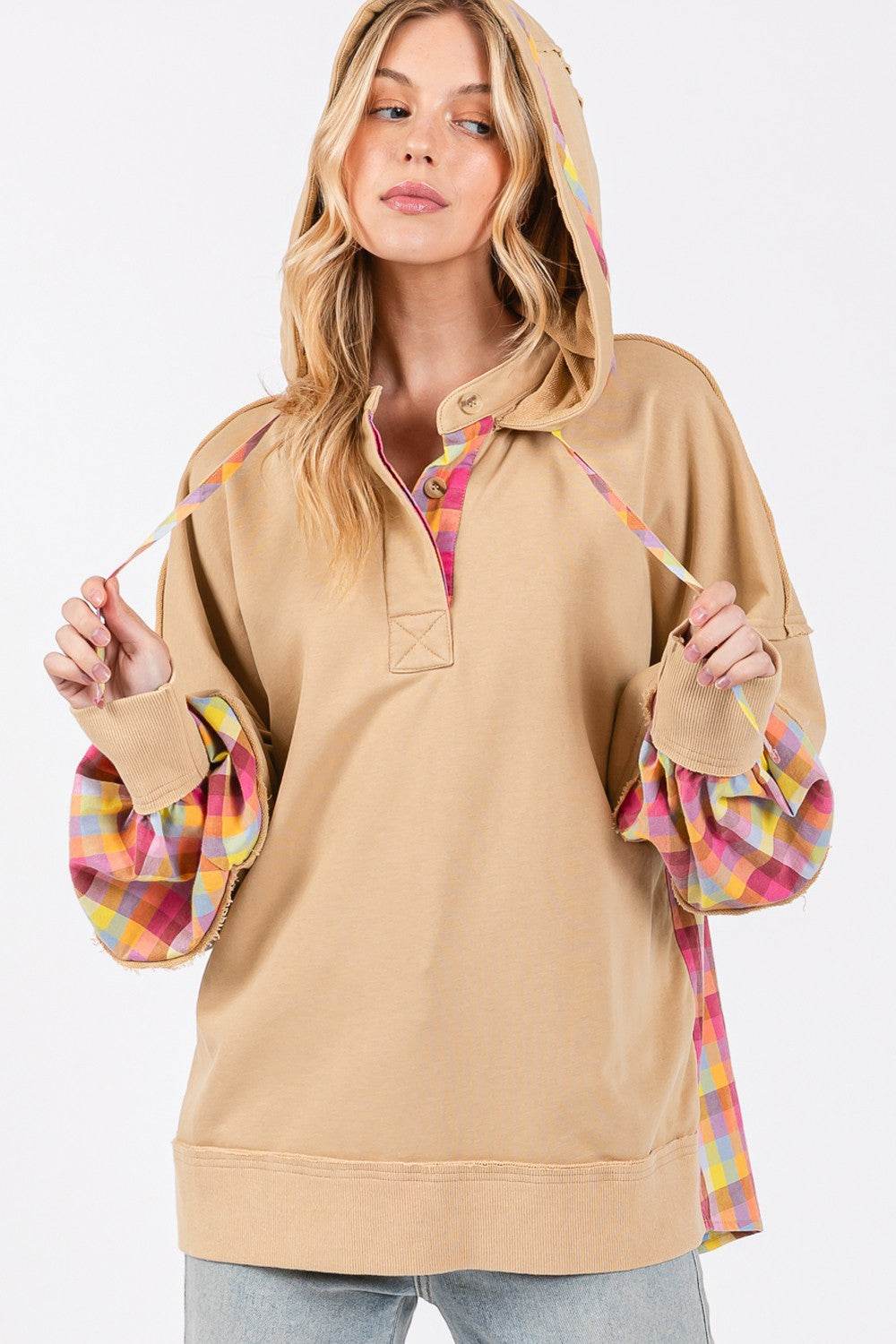 SAGE + FIG Full Size Plaid Print Washed Hoodie - Delanoir