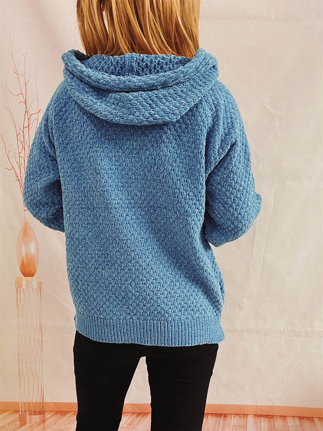 Drawstring Long Sleeve Hooded Sweater - Delanoir