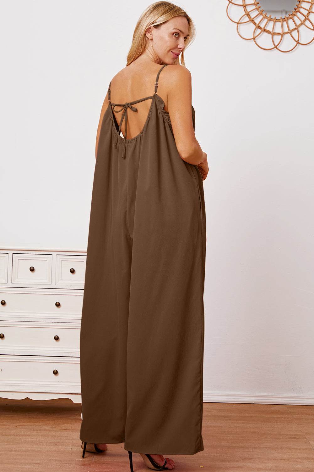 Double Take Full Size Ruffle Trim Tie Back Cami Jumpsuit with Pockets - Delanoir