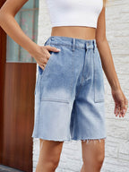 Buttoned Raw Hem Denim Shorts with Pockets - Delanoir