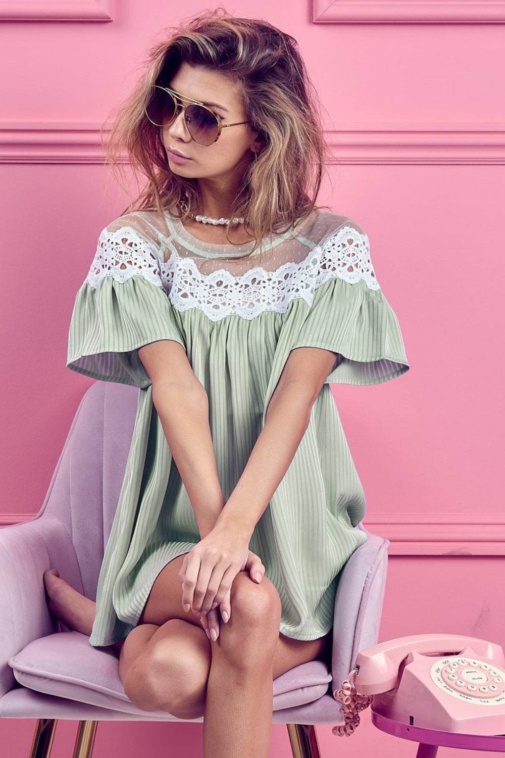 BiBi Lace Detail Short Sleeve Striped Blouse - Delanoir