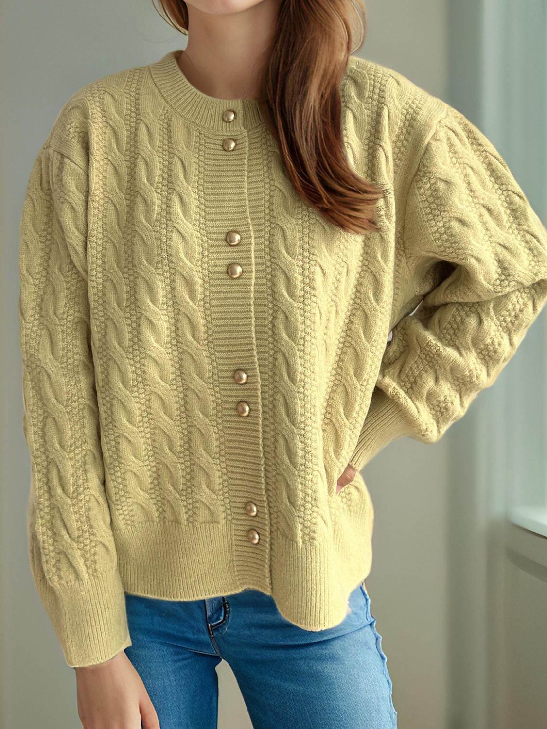 Cable-Knit Round Neck Long Sleeve Cardigan - Delanoir