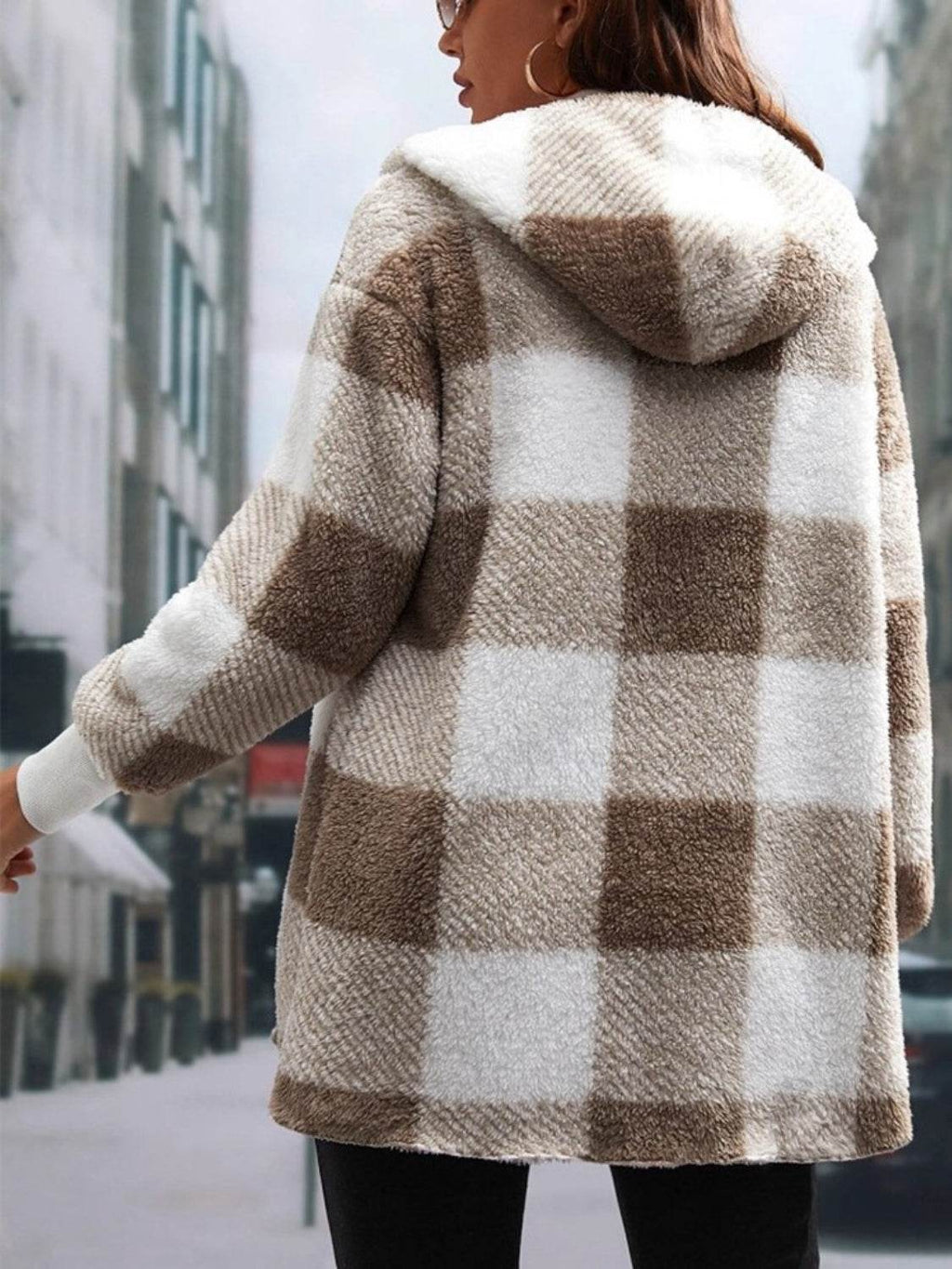 Plaid Long Sleeve Hooded Coat - Delanoir