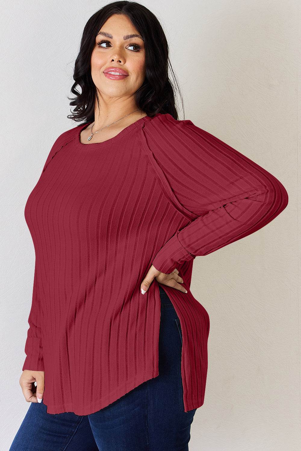 Basic Bae Full Size Ribbed Round Neck Slit T-Shirt - Delanoir