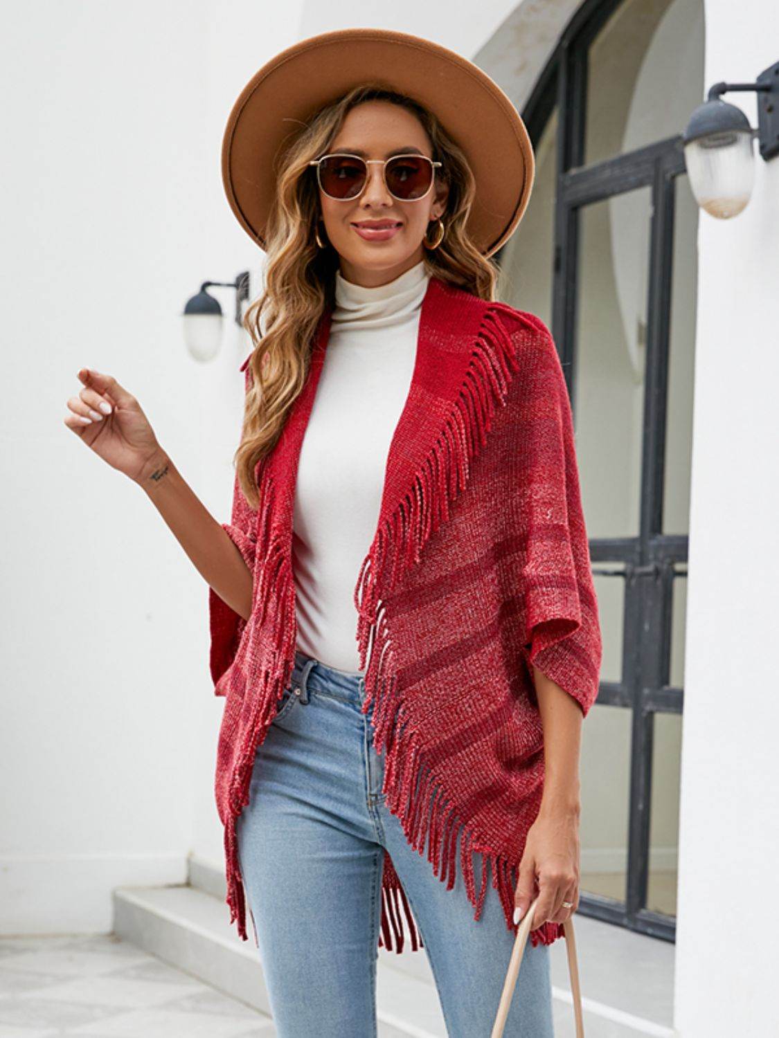 Fringe Detail Open Front Poncho - Delanoir