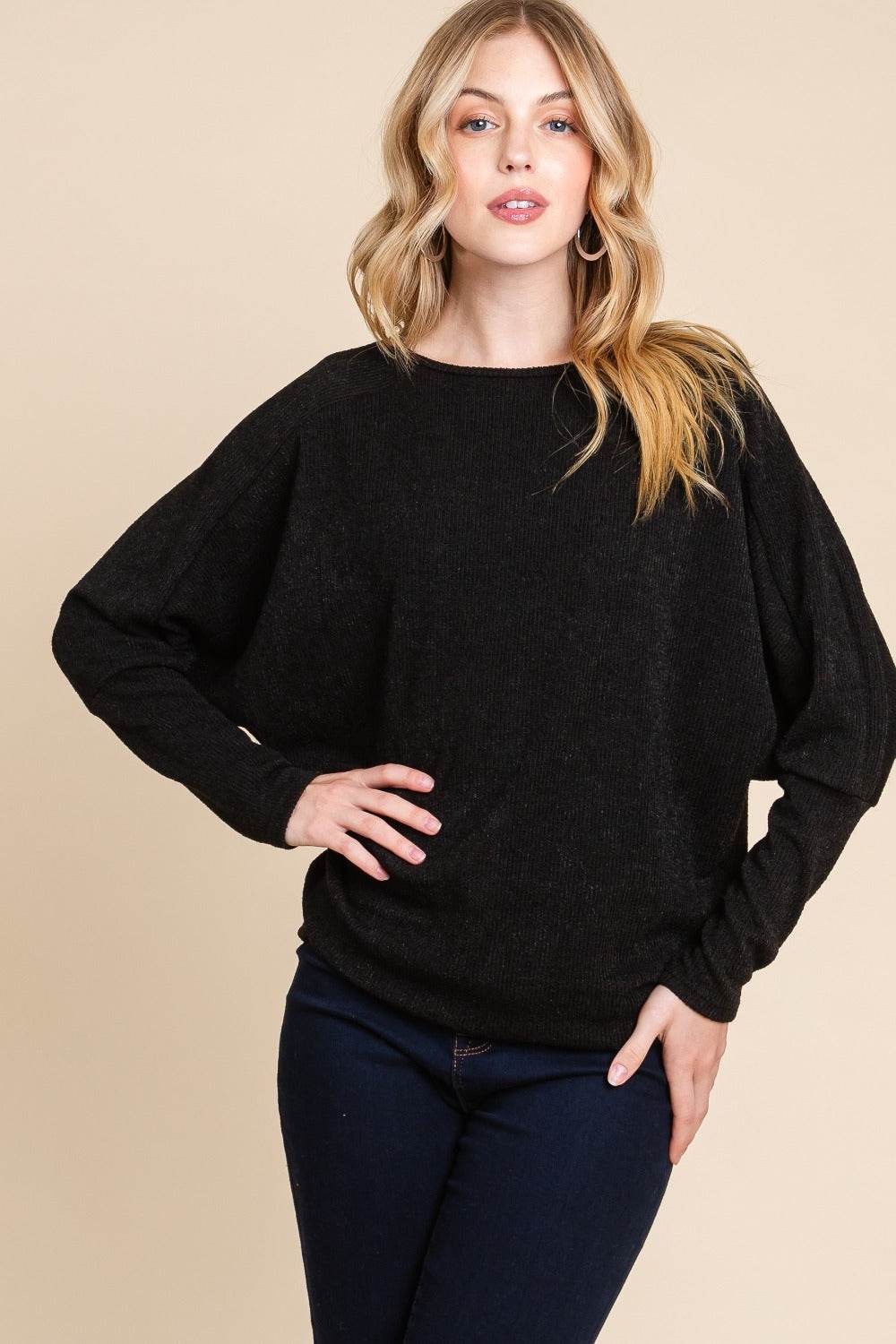 BOMBOM Drop Shoulder Long Sleeve Knit Top - Delanoir