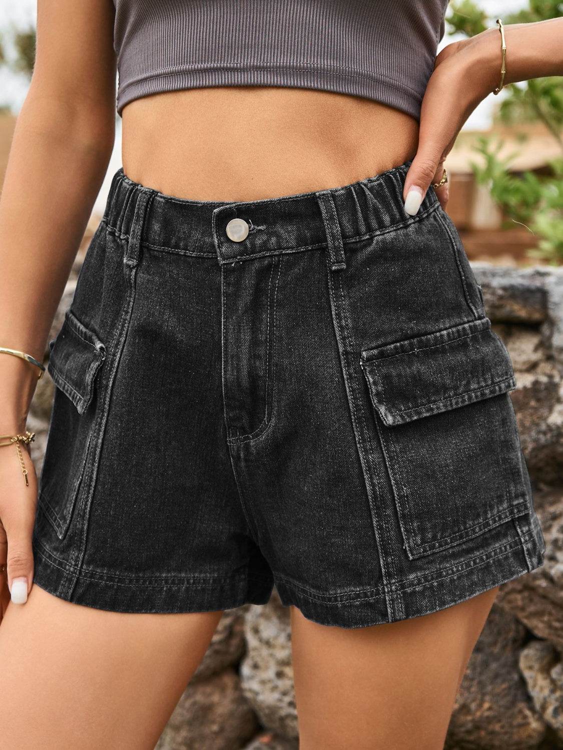 High Waist Denim Shorts with Pockets - Delanoir