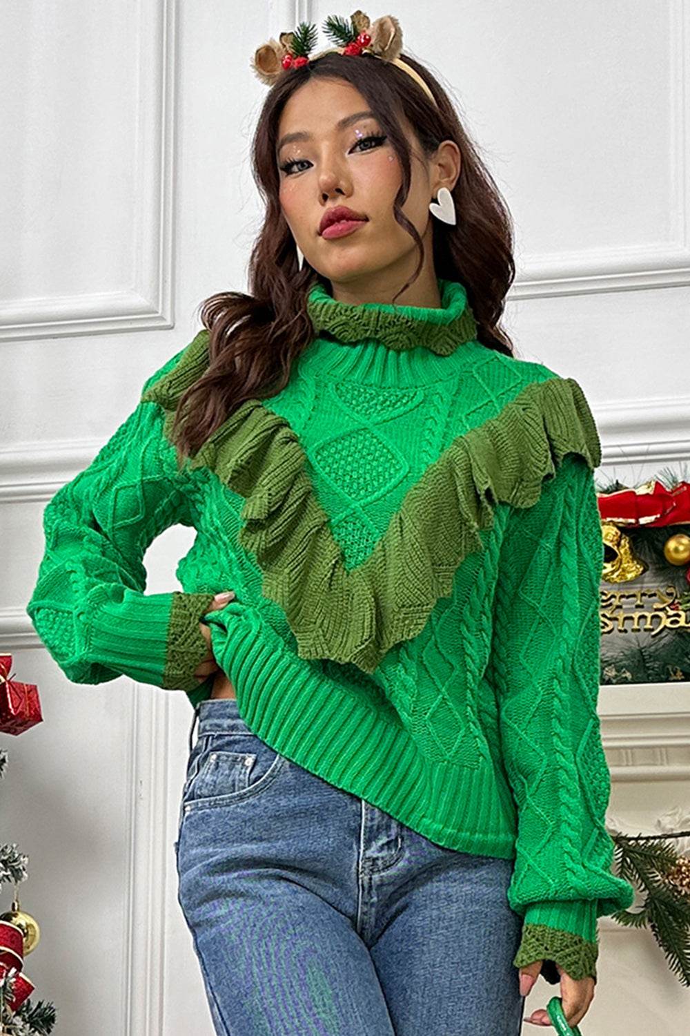 Cable-Knit Ruffled Mock Neck Lantern Sleeve Sweater - Delanoir