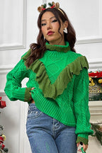 Cable-Knit Ruffled Mock Neck Lantern Sleeve Sweater - Delanoir