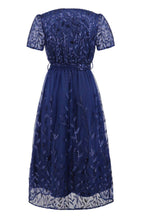 Sequin Leaf Embroidery Tie Front Short Sleeve Dress - Delanoir