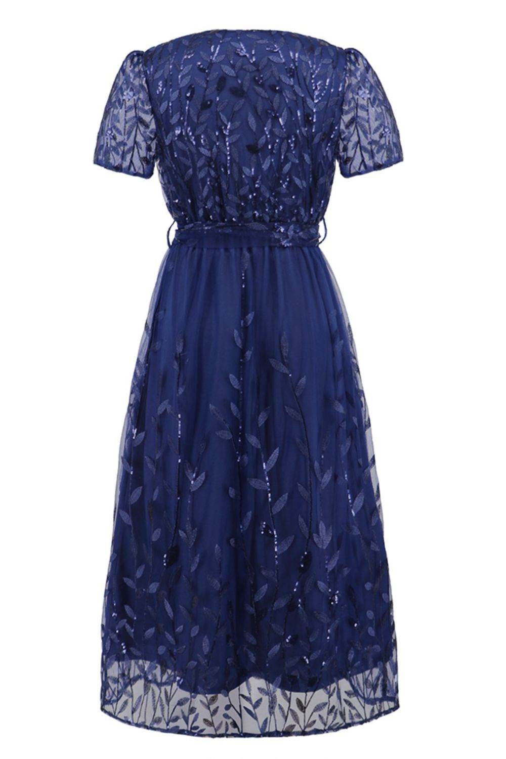 Sequin Leaf Embroidery Tie Front Short Sleeve Dress - Delanoir