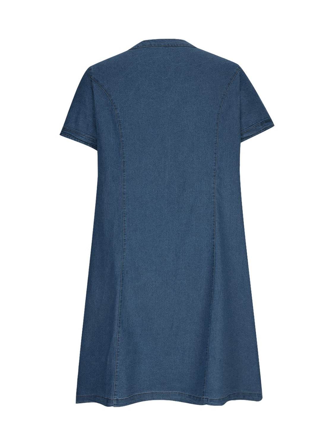 Full Size Notched Short Sleeve Denim Dress - Delanoir
