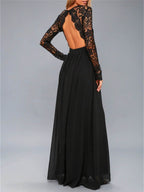 Lace Detail Backless Long Sleeve Maxi Dress - Delanoir