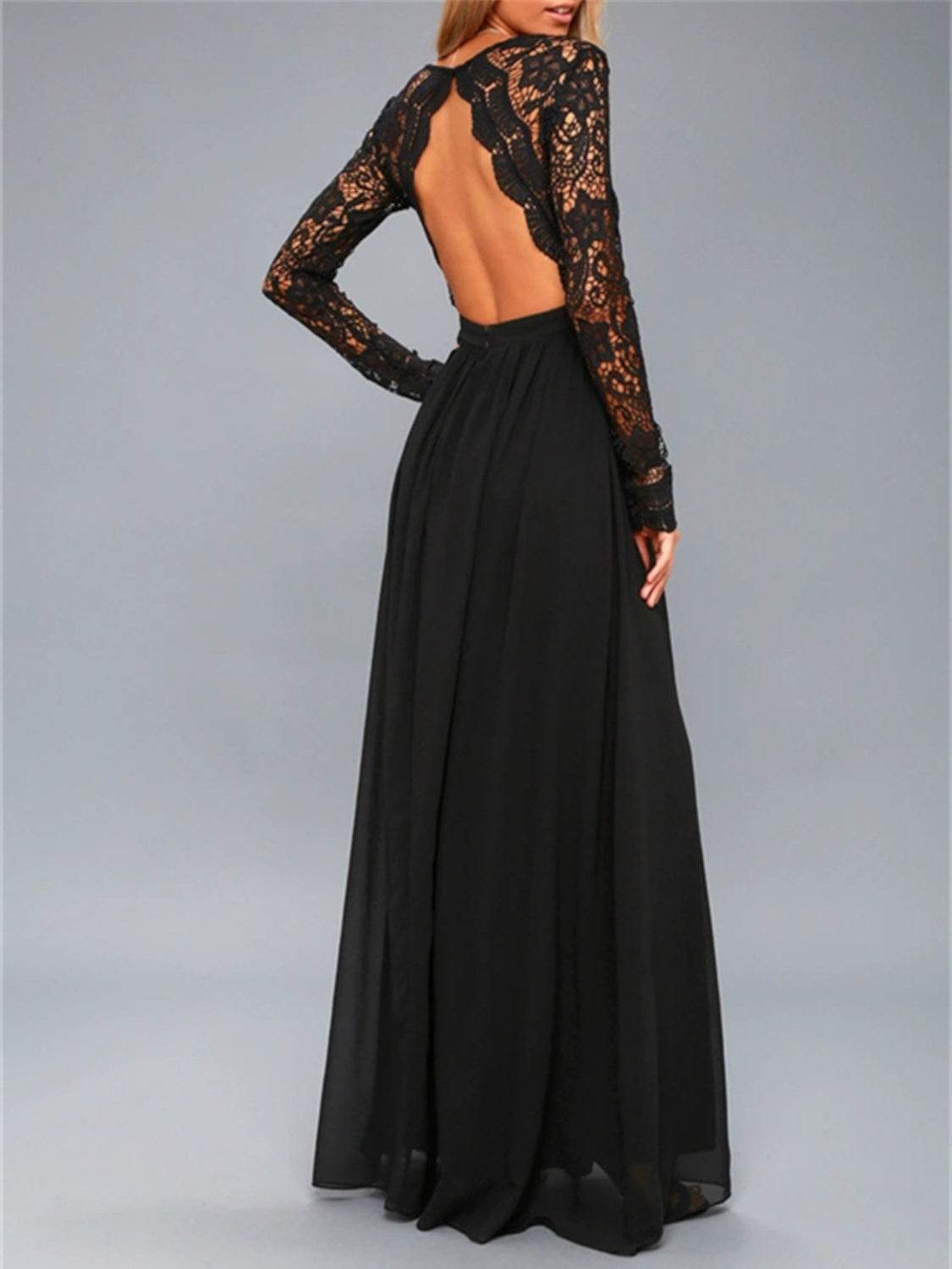 Lace Detail Backless Long Sleeve Maxi Dress - Delanoir