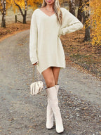V-Neck Dropped Shoulder Sweater Dress - Delanoir