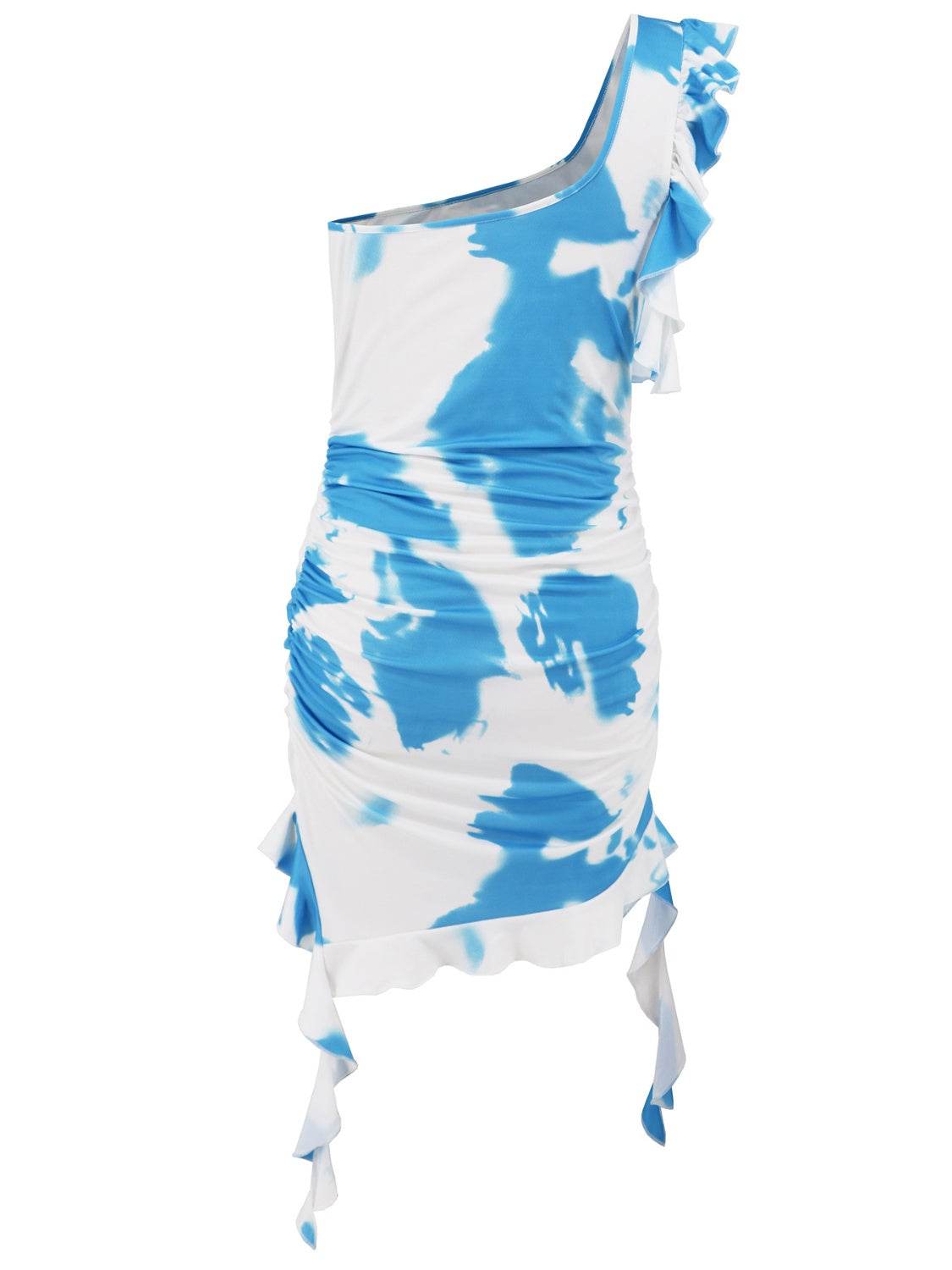 Ruffled Tie-Dye Single Shoulder Mini Dress - Delanoir