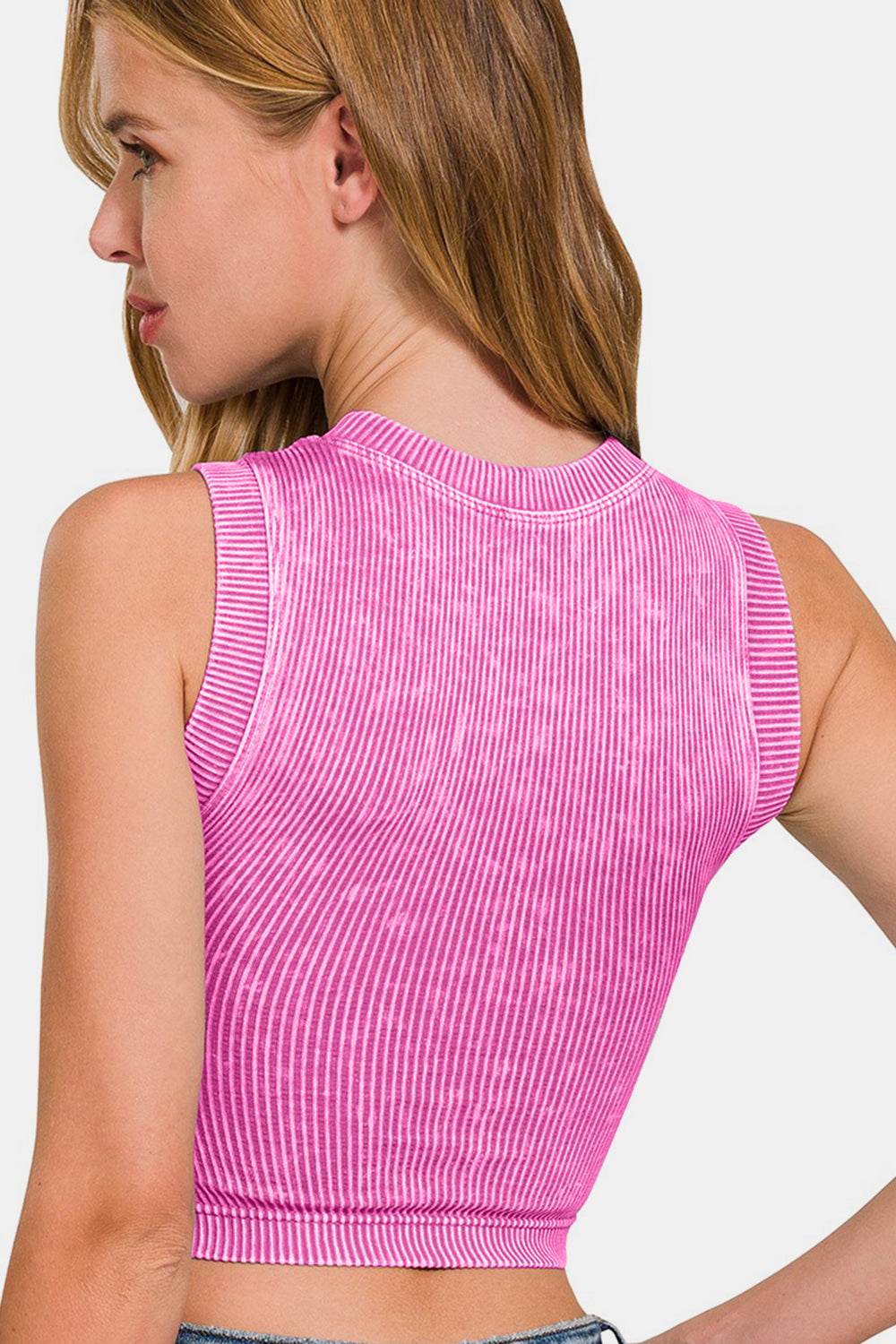 Zenana Washed Ribbed Seamless Crop Tank with Bra Pad - Delanoir