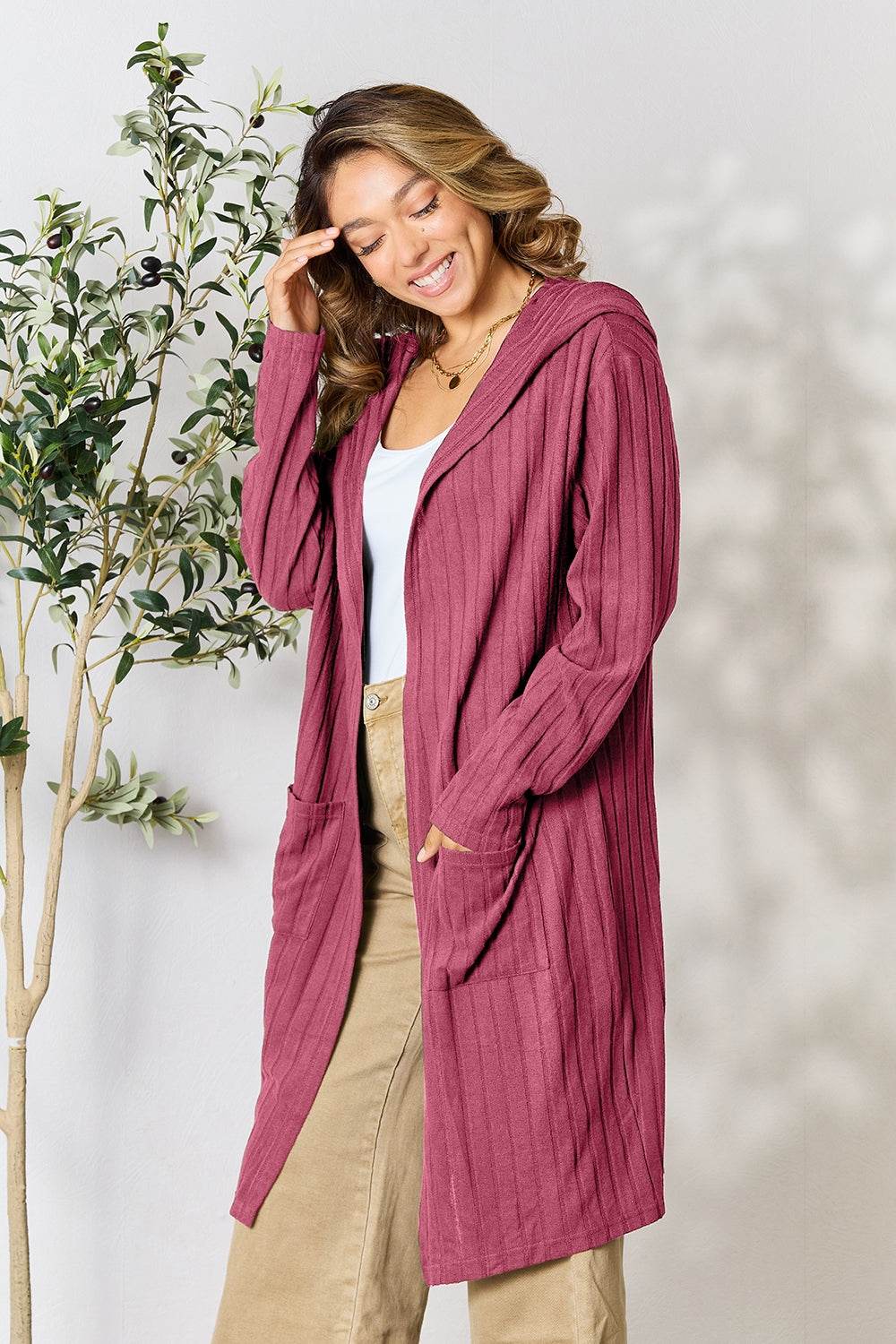 Basic Bae Full Size Hooded Sweater Cardigan - Delanoir
