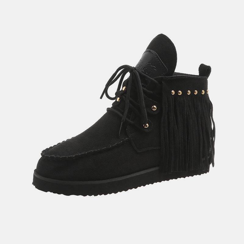 Fringe Studded Round Toe Canvas Boots - Delanoir
