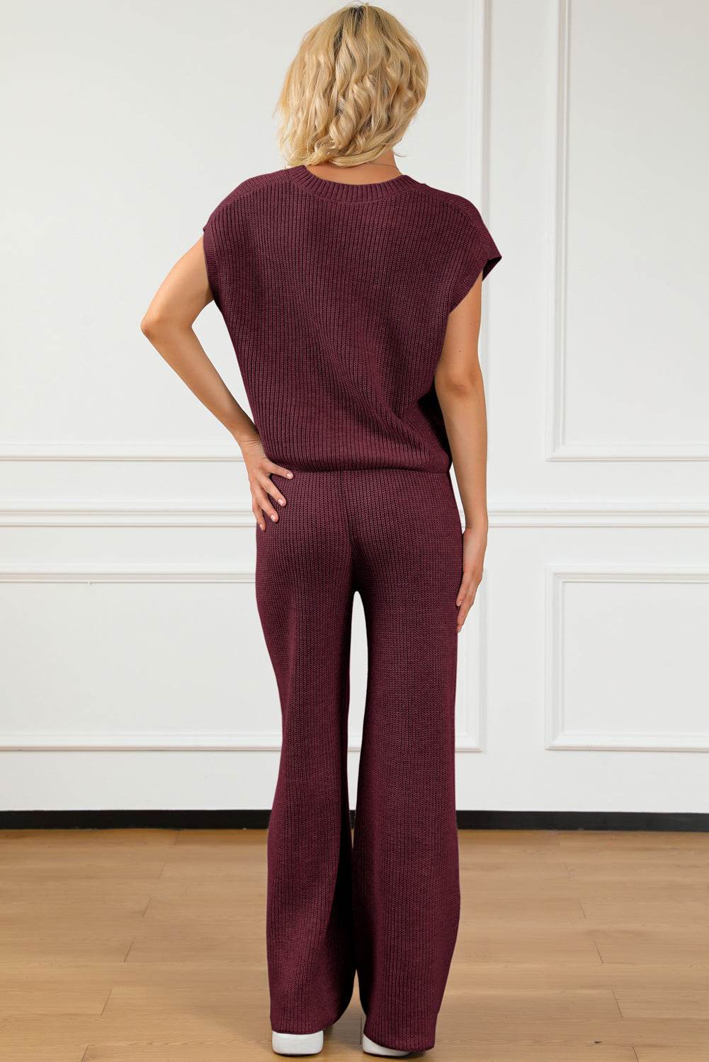 Pocketed V-Neck Top and Wide Leg Sweater Set - Delanoir