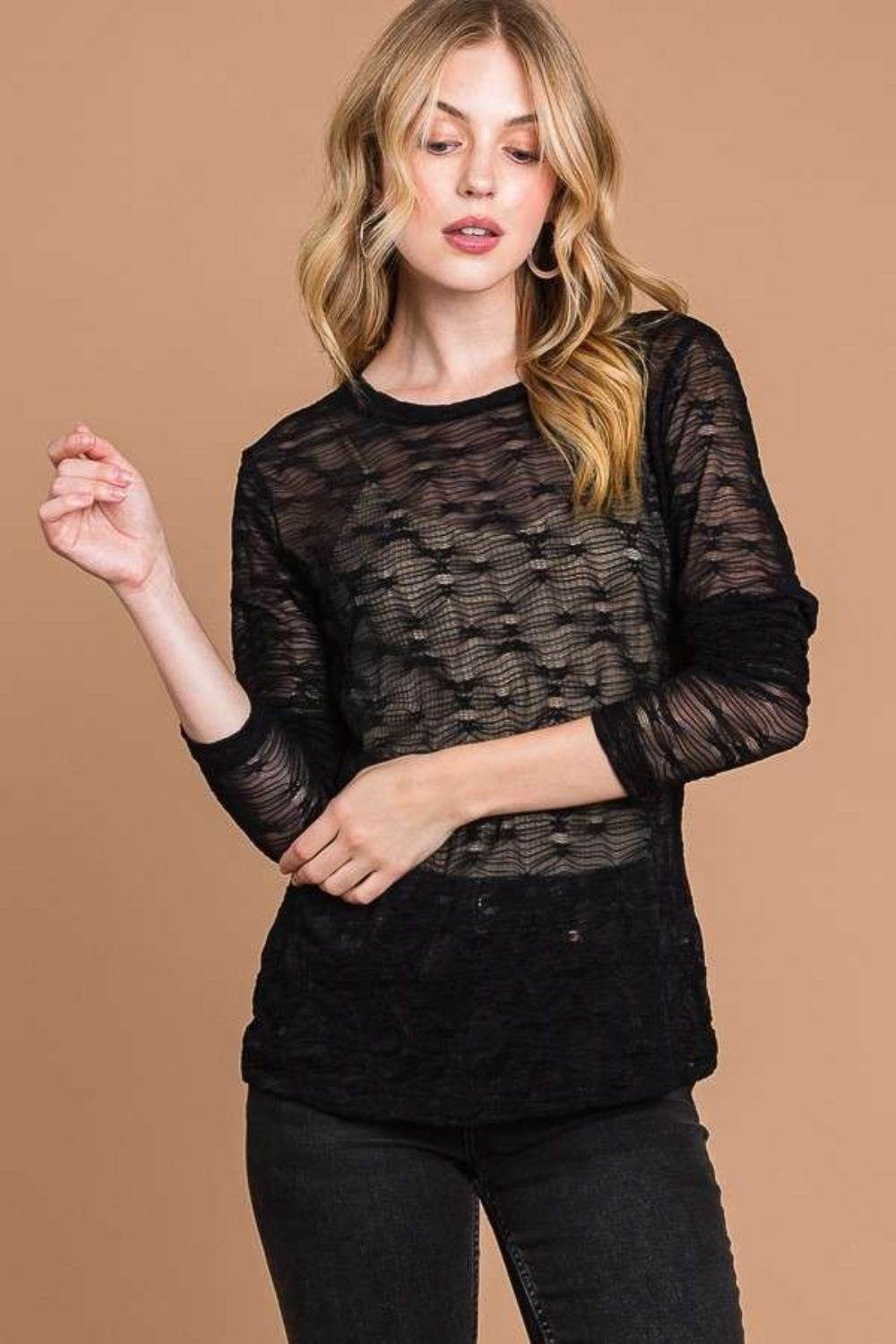 Culture Code Full Size Round Neck Mesh Perspective Top - Delanoir